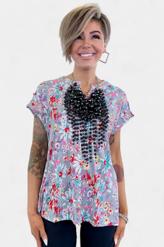 Grey Floral Lizzy Short Sleeve Top sold by ZZs
