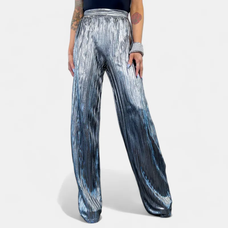 Silver Metallic Crinkle Wide Leg Pants [NO RETURNS] sold by ZZs