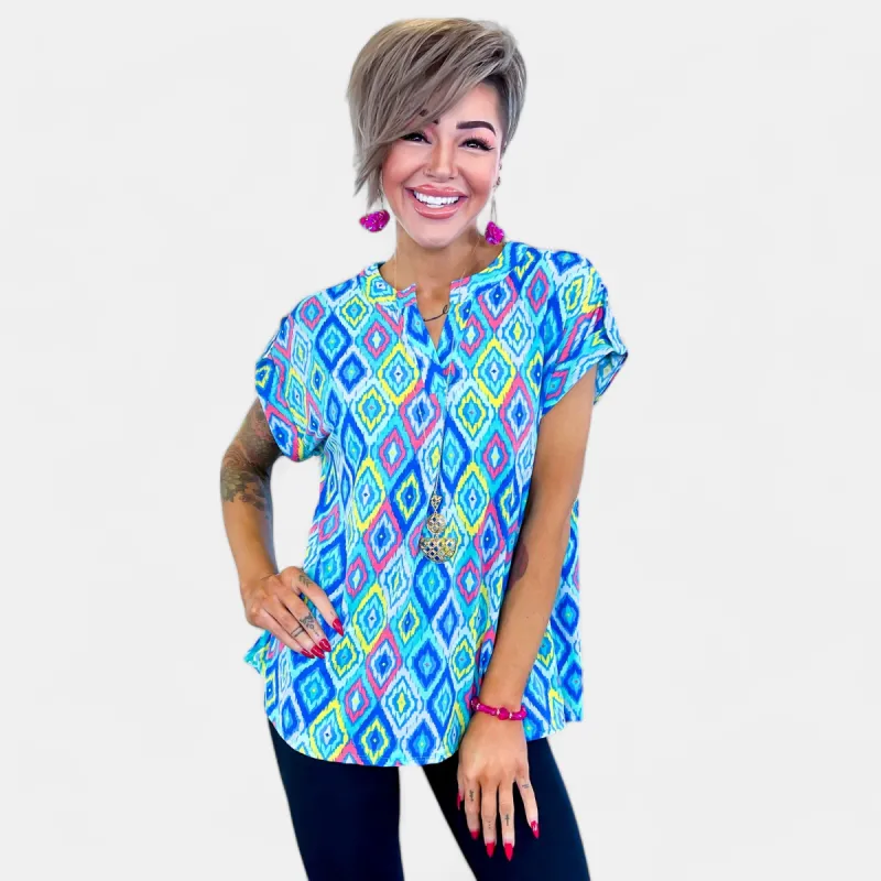 Blue Multi Lizzy Short Sleeve Top sold by ZZs