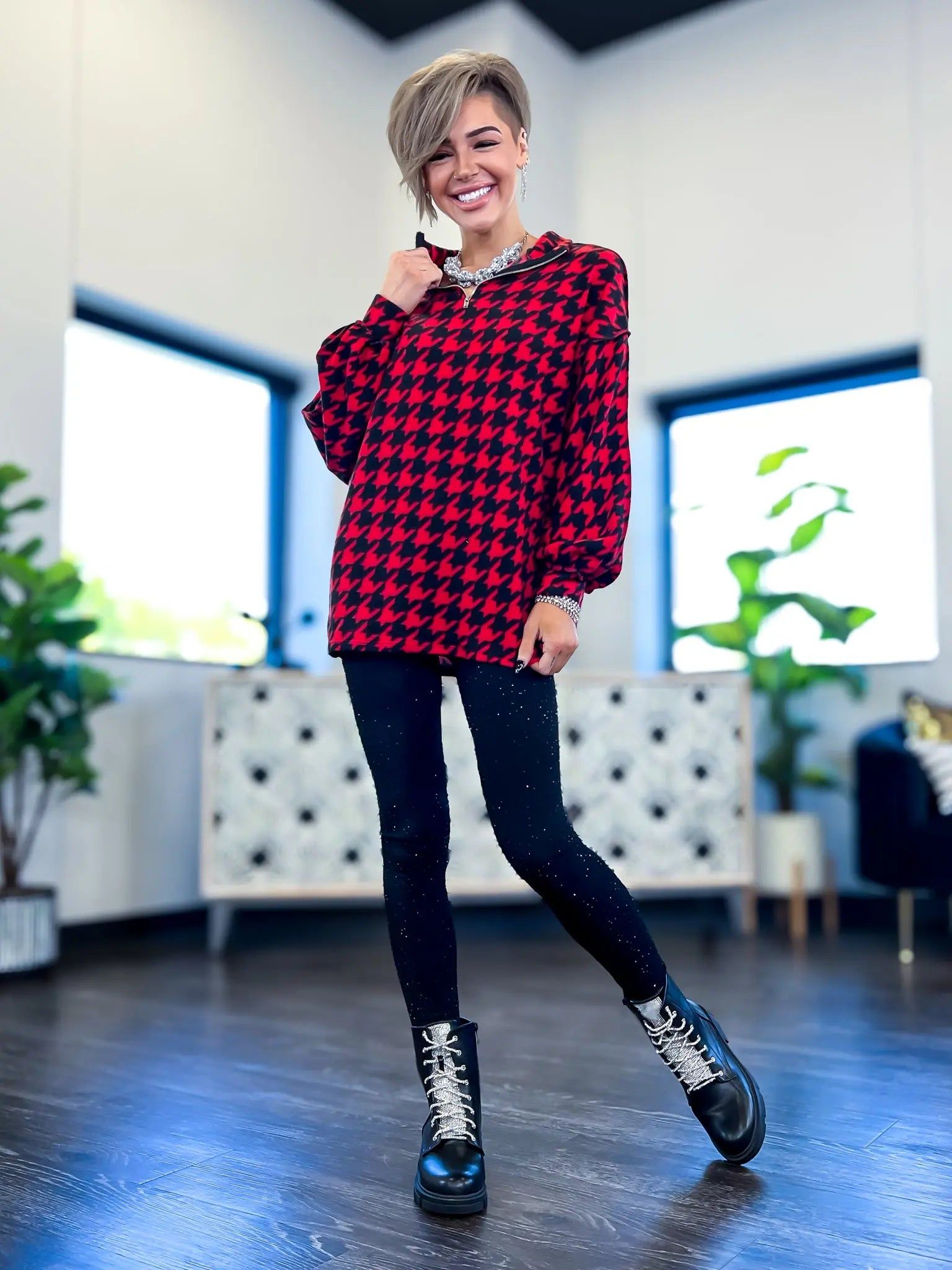 Red Houndstooth Zipper Pullover sold by ZZs product image thumbnail 3