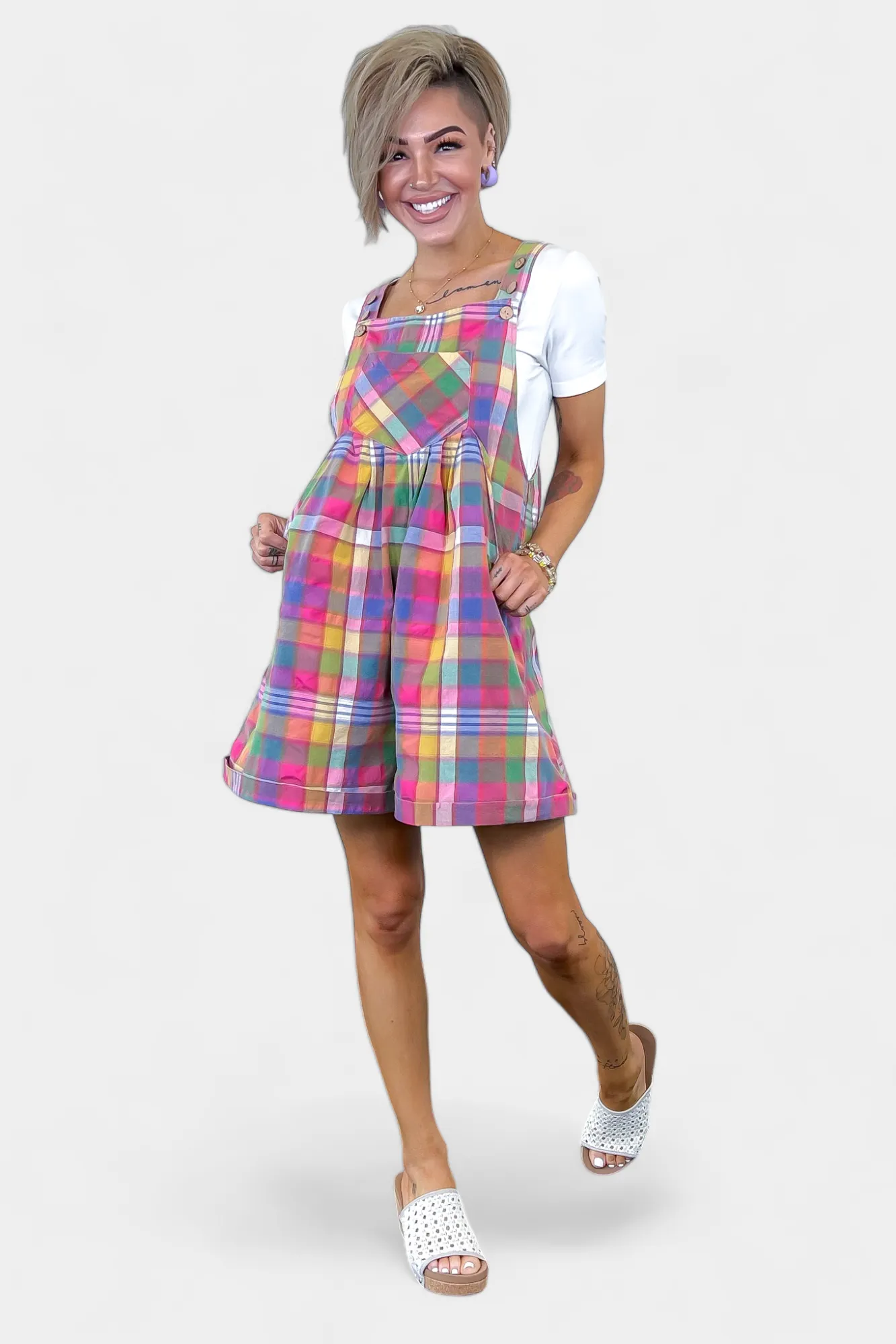 Plaid Wide Leg Short Overalls sold by ZZs