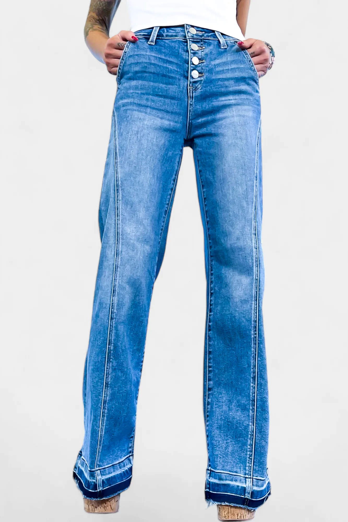 Medium Wash High Rise Wide Jeans sold by ZZs