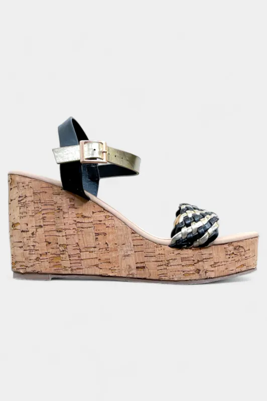 Black & Gold Braided Cork Wedge Sandals sold by ZZs