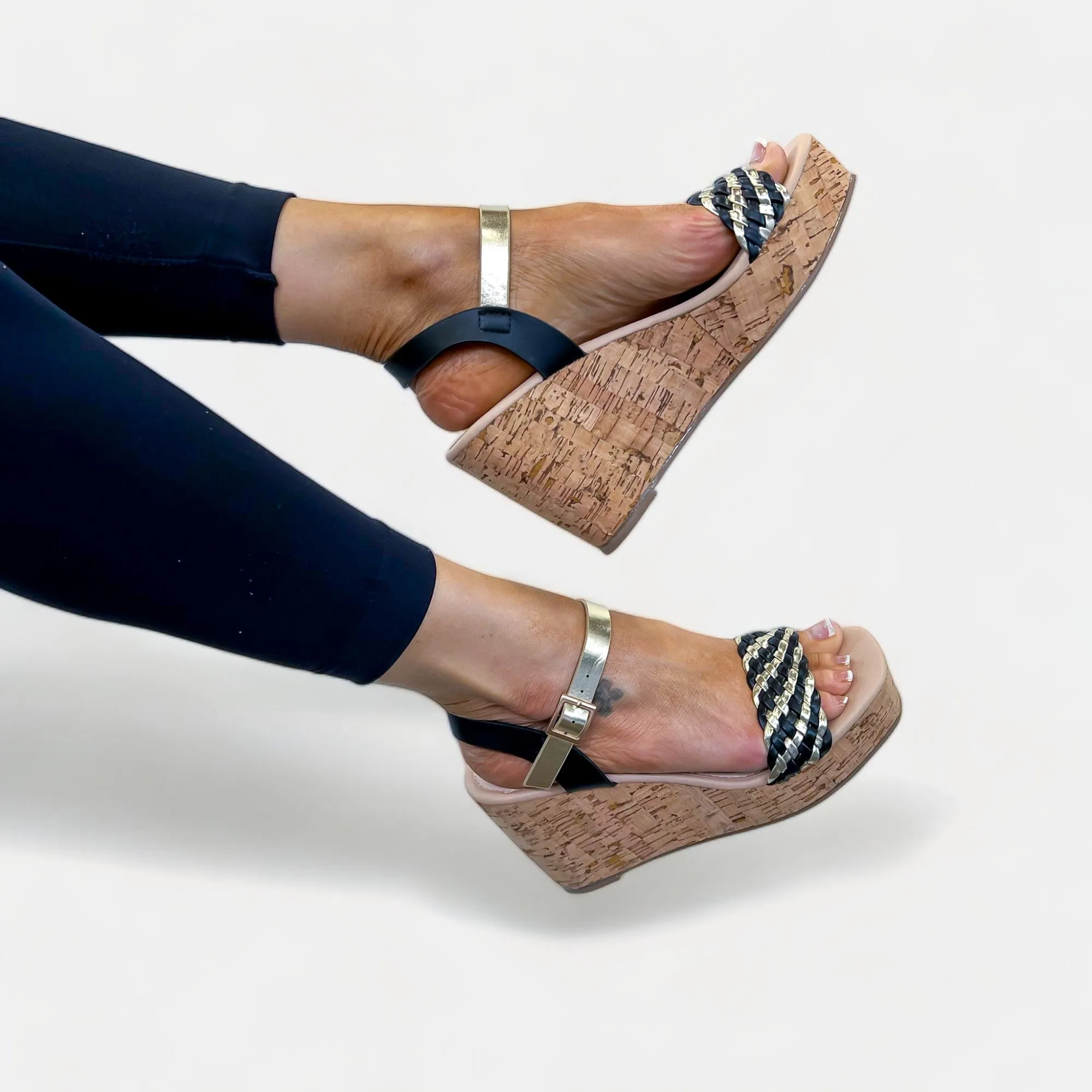 Black & Gold Braided Cork Wedge Sandals sold by ZZs product image thumbnail 4