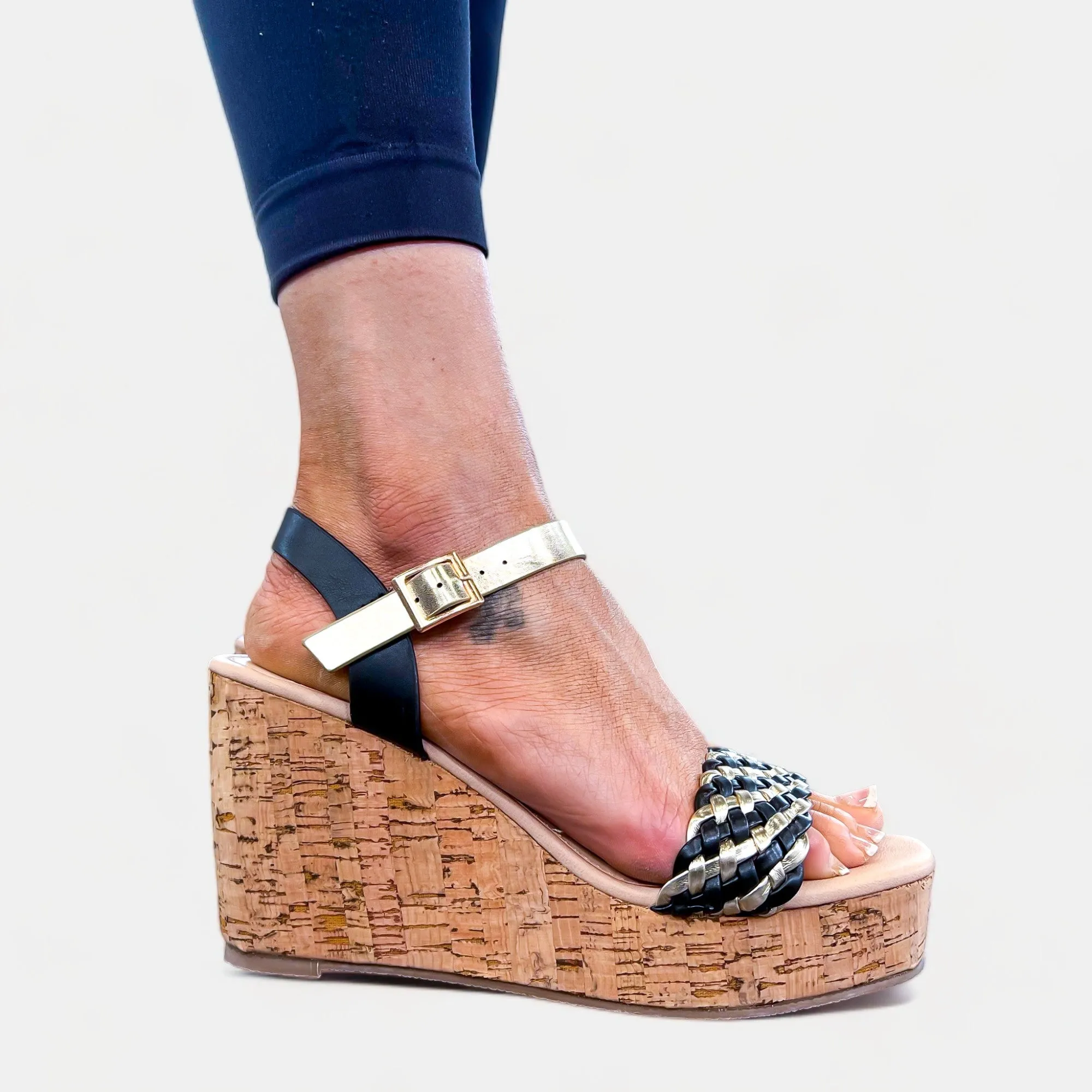 Black & Gold Braided Cork Wedge Sandals sold by ZZs product image thumbnail 2
