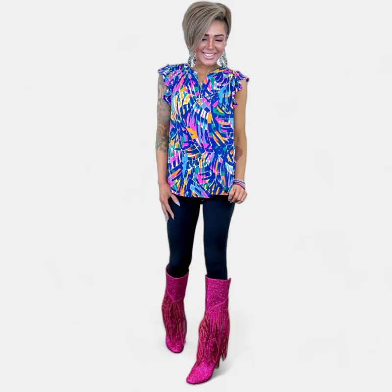 Royal Multi Abstract Lizzy Flutter Sleeve Top sold by ZZs