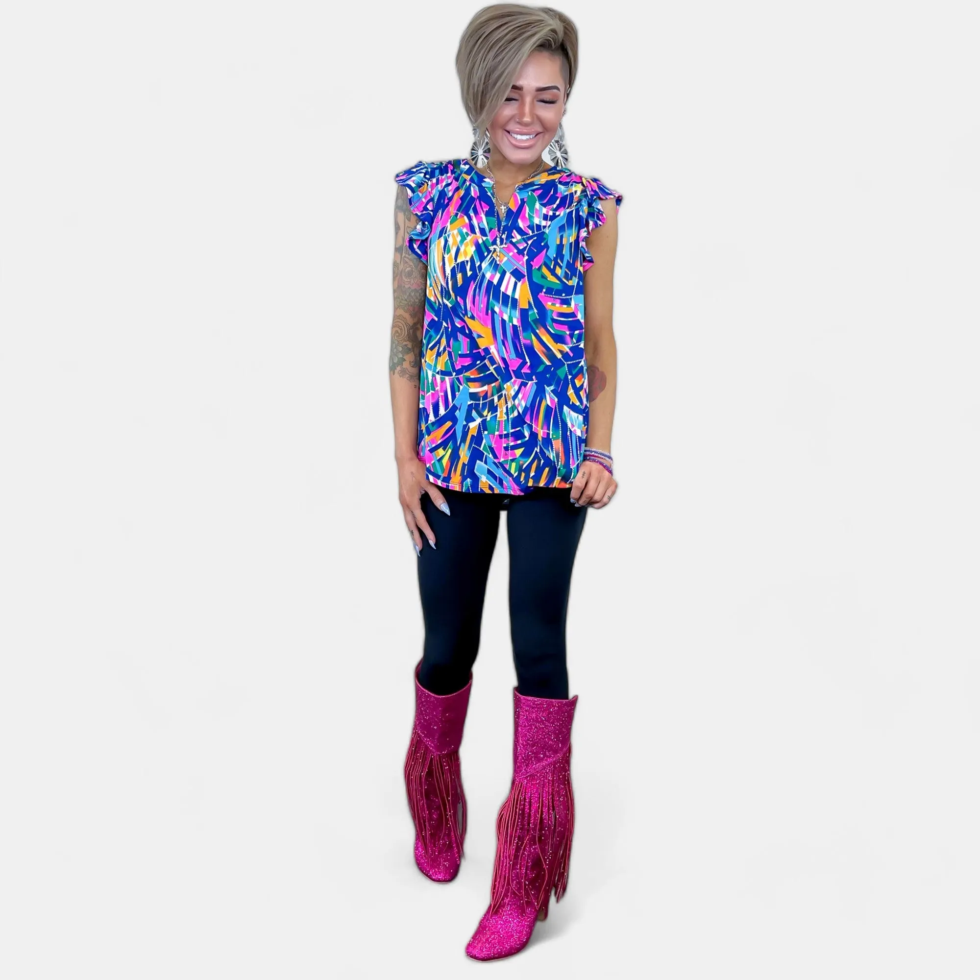 Royal Multi Abstract Lizzy Flutter Sleeve Top sold by ZZs