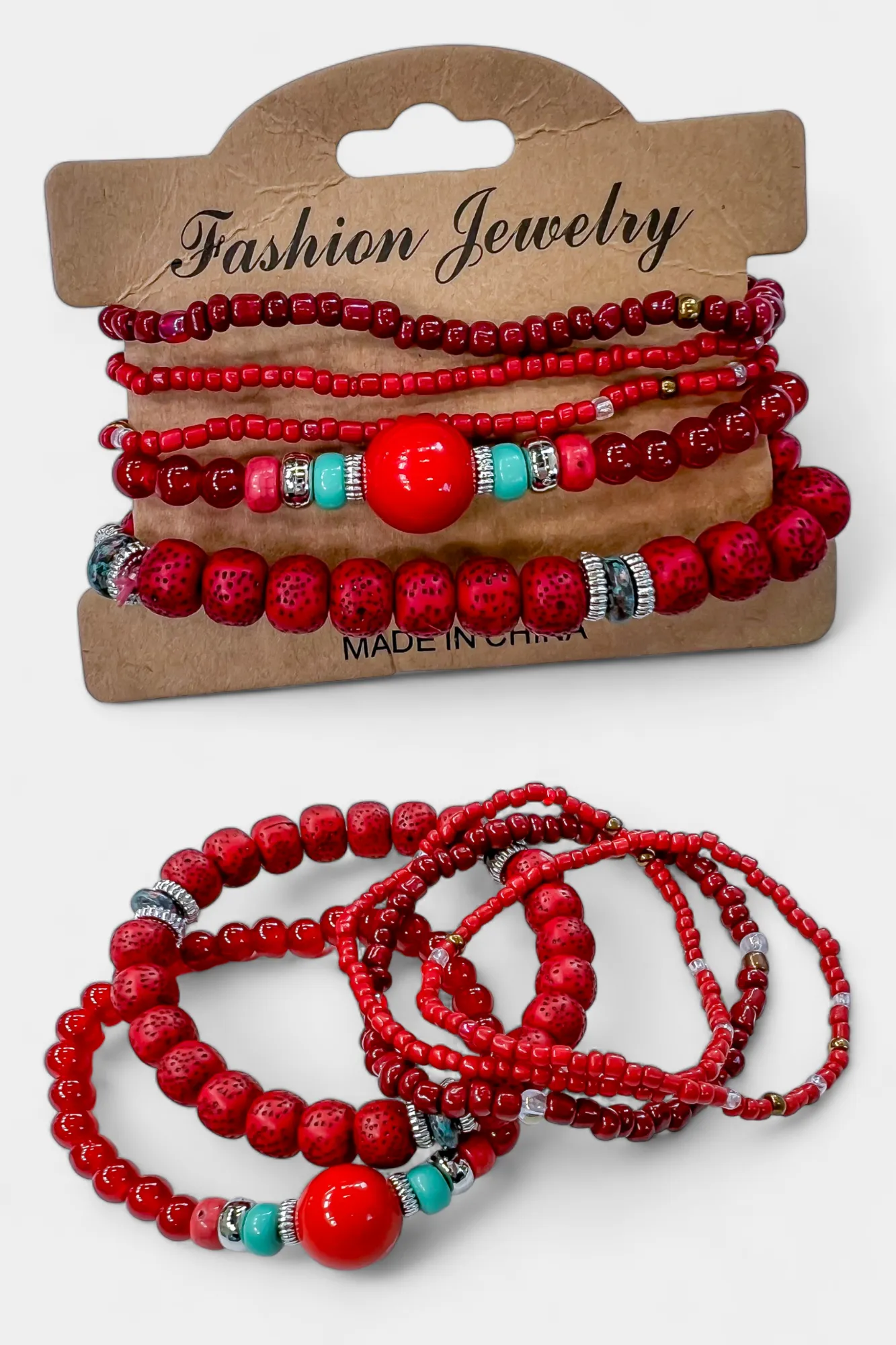 Red Mixed Bead Stretch Bracelet Set sold by ZZs
