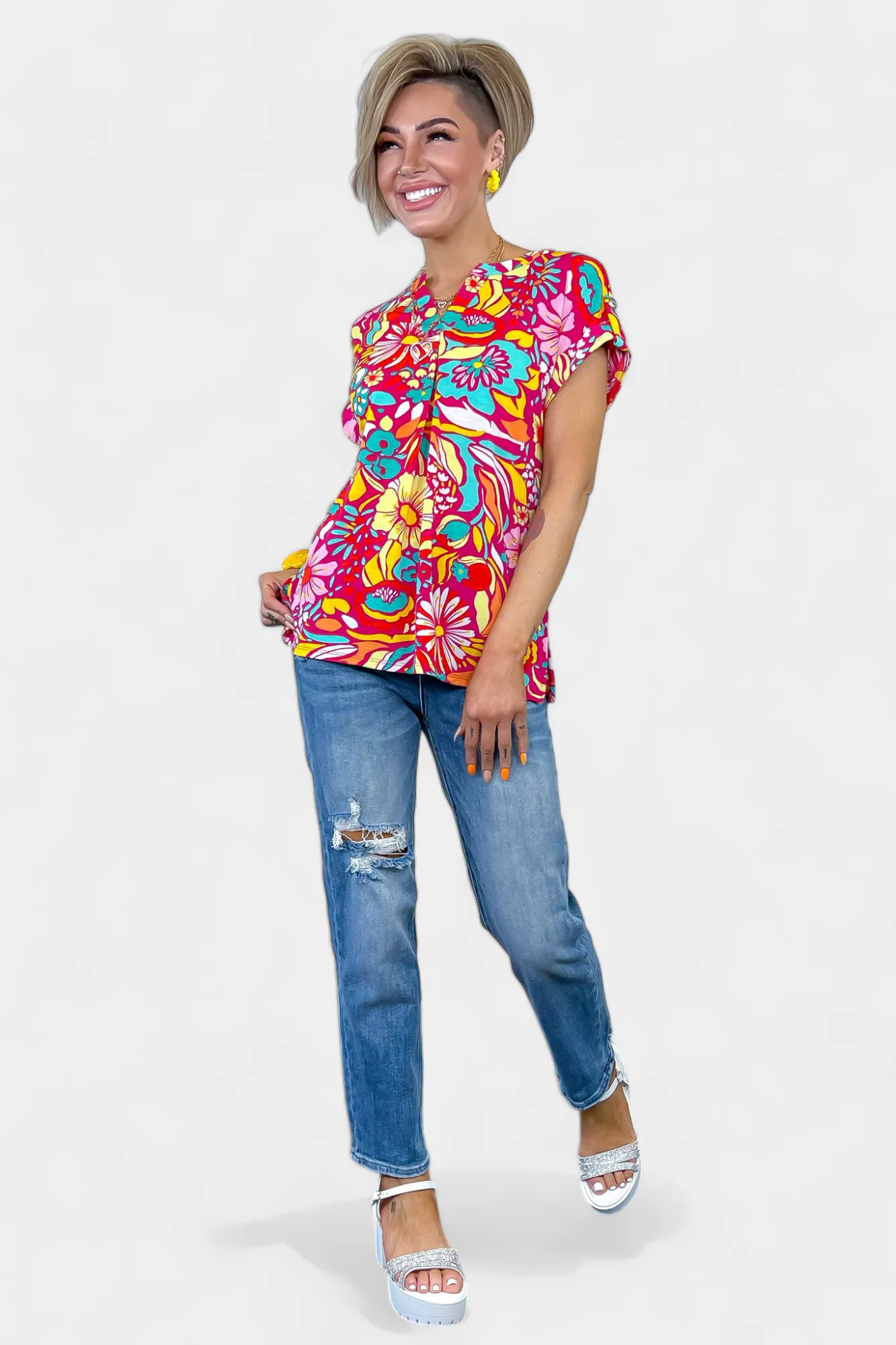 Magenta Retro Floral Lizzy Short Sleeve Top sold by ZZs product image thumbnail 3