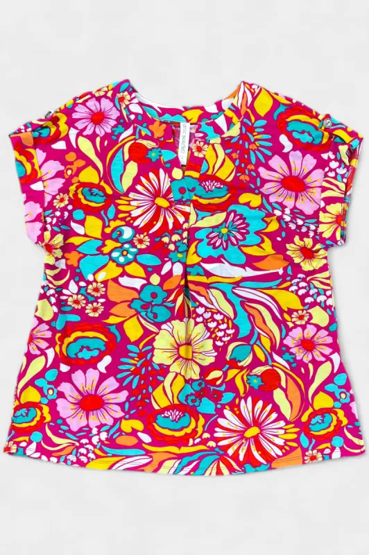 Magenta Retro Floral Lizzy Short Sleeve Top sold by ZZs