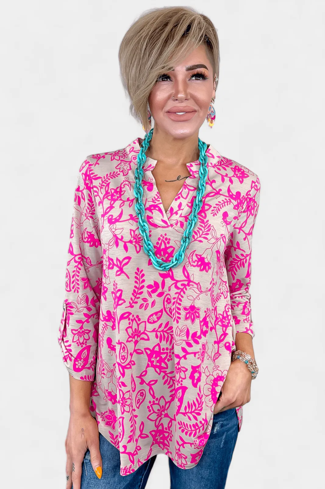 Taupe & Pink Floral Lizzy Top sold by ZZs