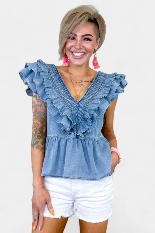 Denim V-Neck Ruffle Sleeve Top sold by ZZs
