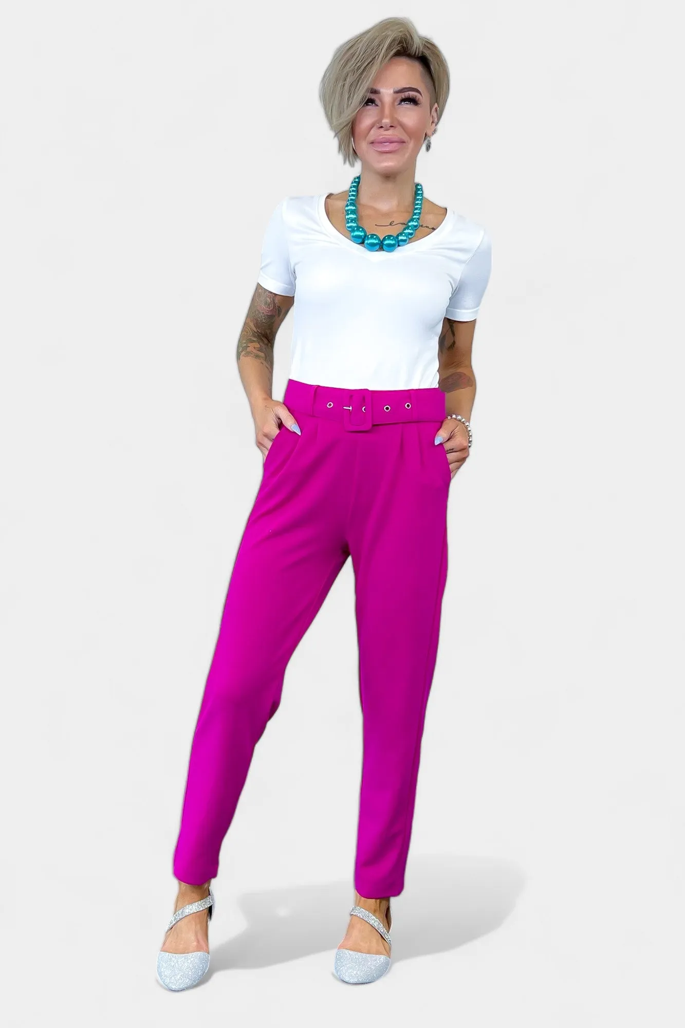 Magenta Belted Stretch Pants sold by ZZs product image thumbnail 5