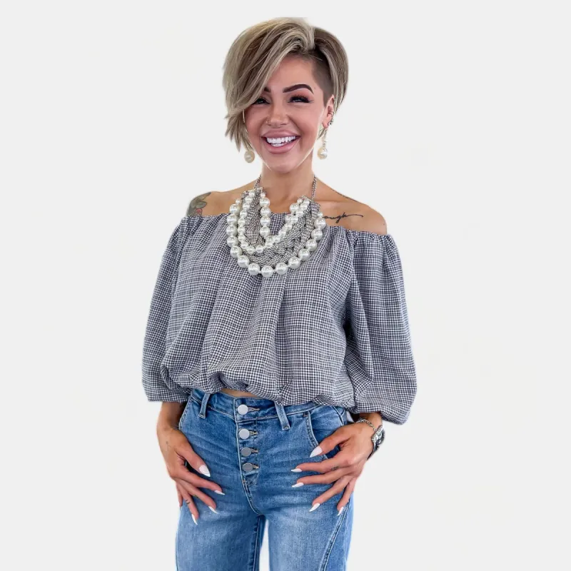 Black Plaid Peasant Sleeve Top made by ZZs
