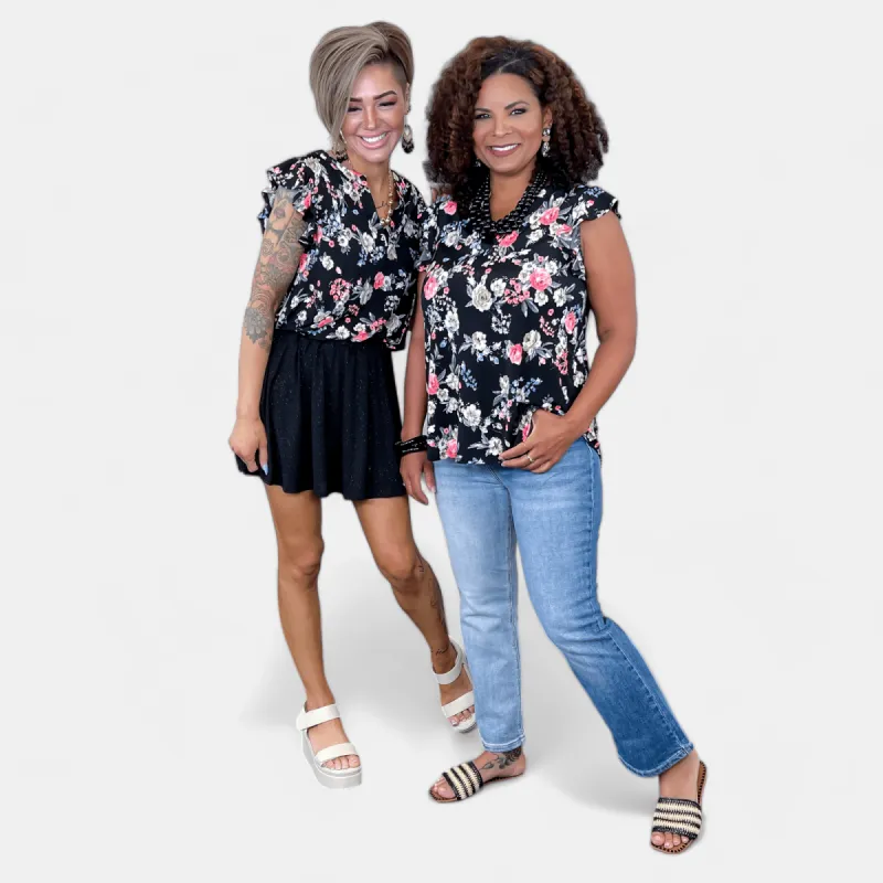 Black Floral Lizzy Flutter Sleeve Top sold by ZZs