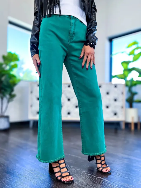Acid Wash Frayed Wide Jeans | Green sold by ZZs