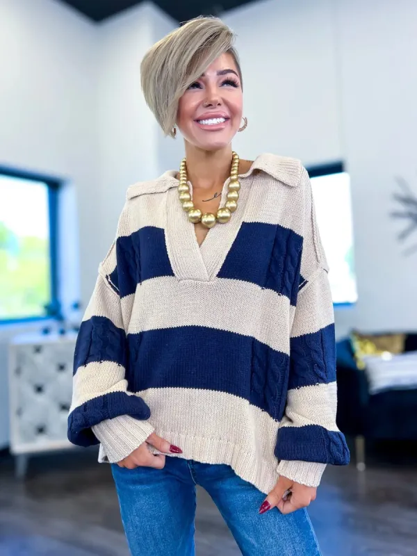 Striped Sweater | Taupe & Navy sold by ZZs