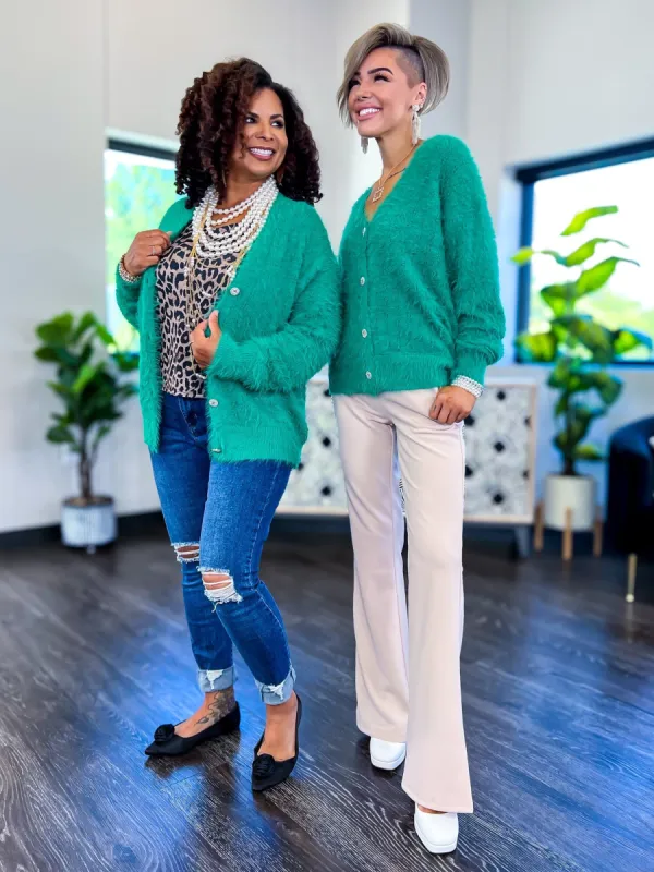 Green Fuzzy Button Cardigan sold by ZZs