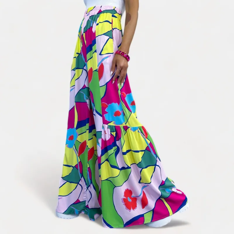 Magenta & Lime Abstract Wide Leg Pants sold by ZZs