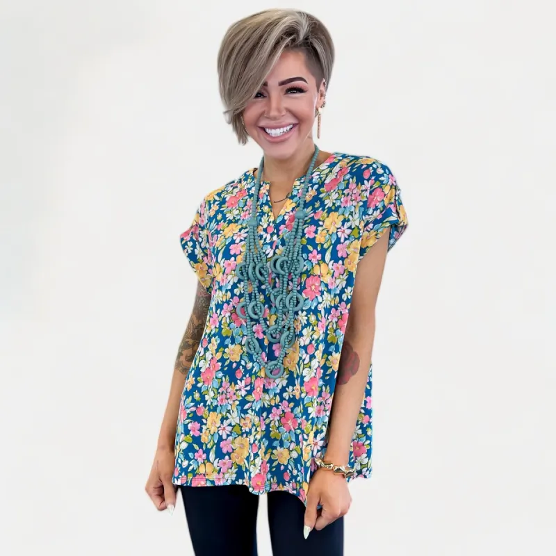 Teal Multi Floral Lizzy Short Sleeve Top sold by ZZs