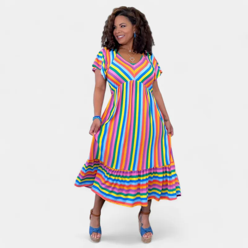 Multi Striped Ruffle Midi Dress sold by ZZs