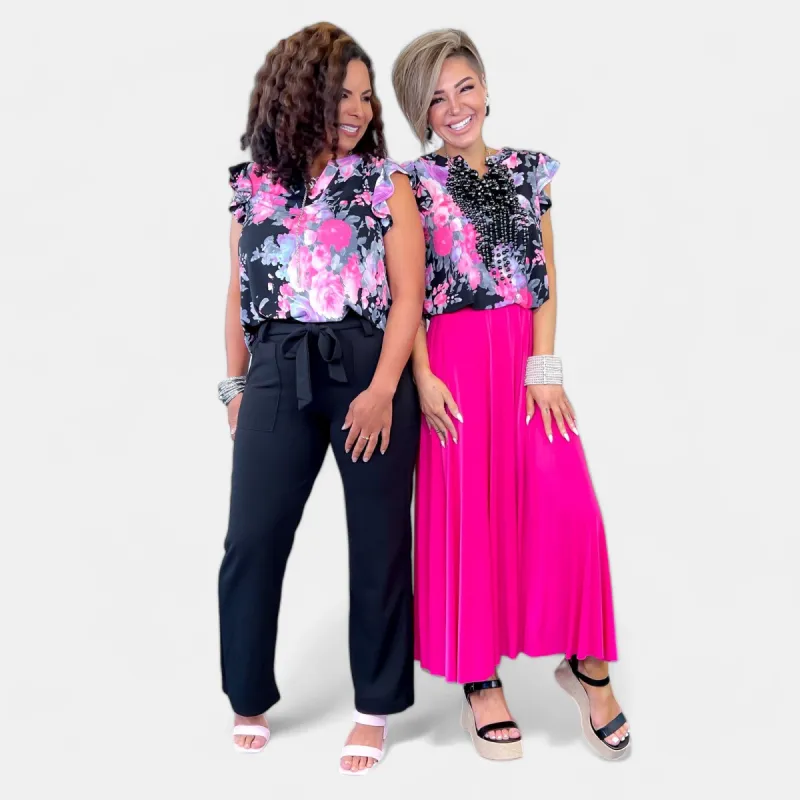 Black Multi Floral Lizzy Flutter Sleeve Top sold by ZZs