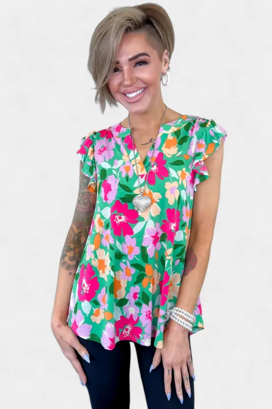 Green Floral Lizzy Flutter Sleeve Top sold by ZZs
