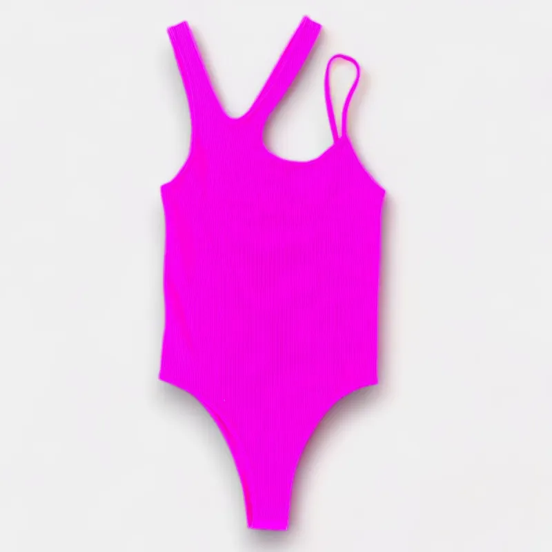 Pink Asymmetric Ribbed Bodysuit sold by ZZs