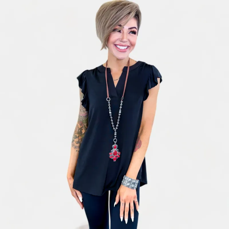 Black Lizzy Flutter Sleeve Top sold by ZZs