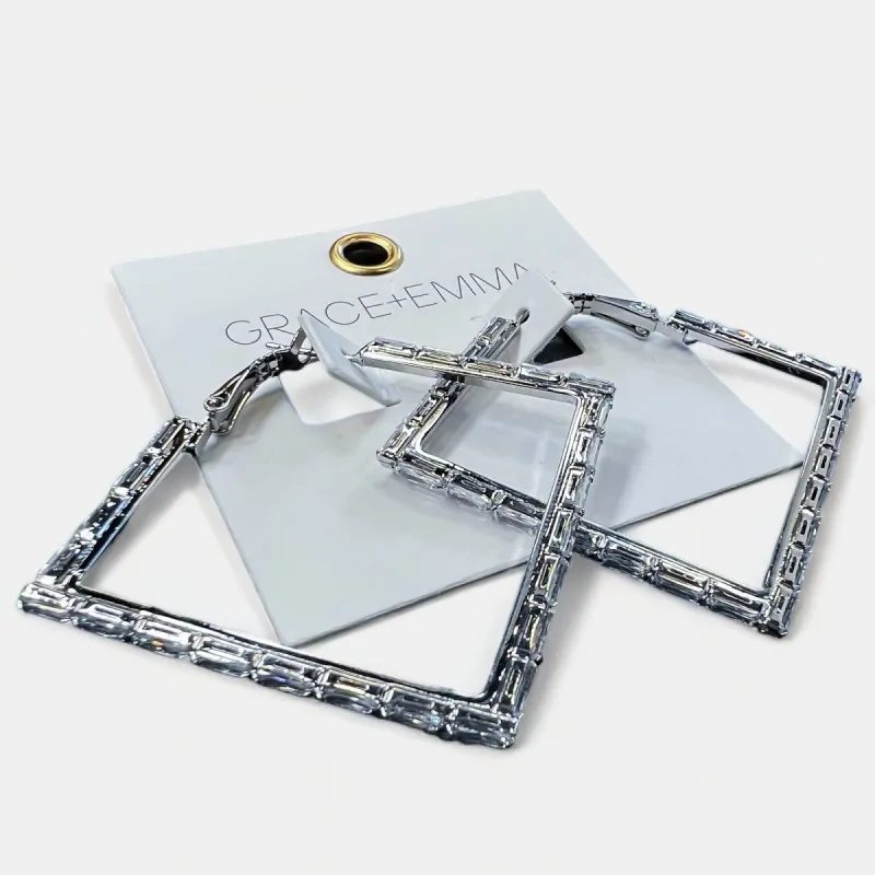 Silver Crystal Square Hoop Earrings sold by ZZs