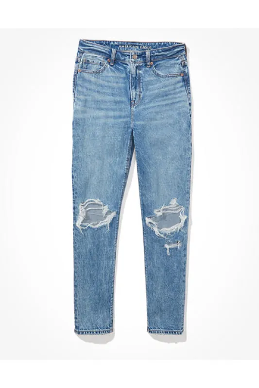 AE Strigid Ripped Mom Jean Women's Blown Out Blue 4 Regular sold by American Eagle