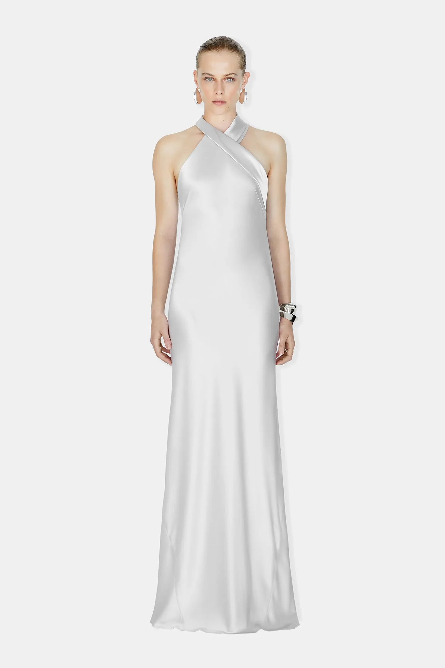 Pandora Satin Maxi Dress - Platinum sold by Galvan