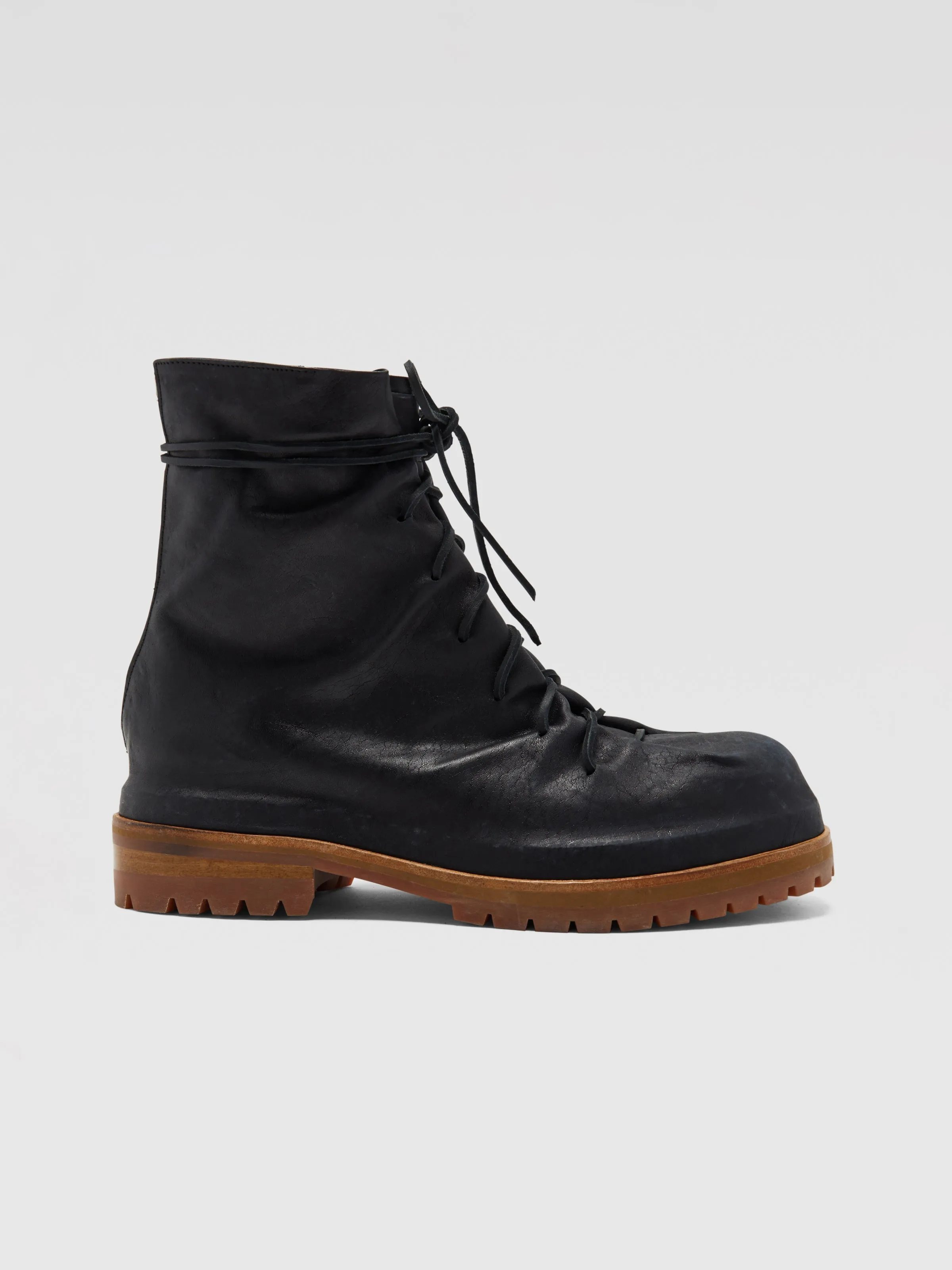 Distressed Leather Lace-Up Boots in Black sold by 424