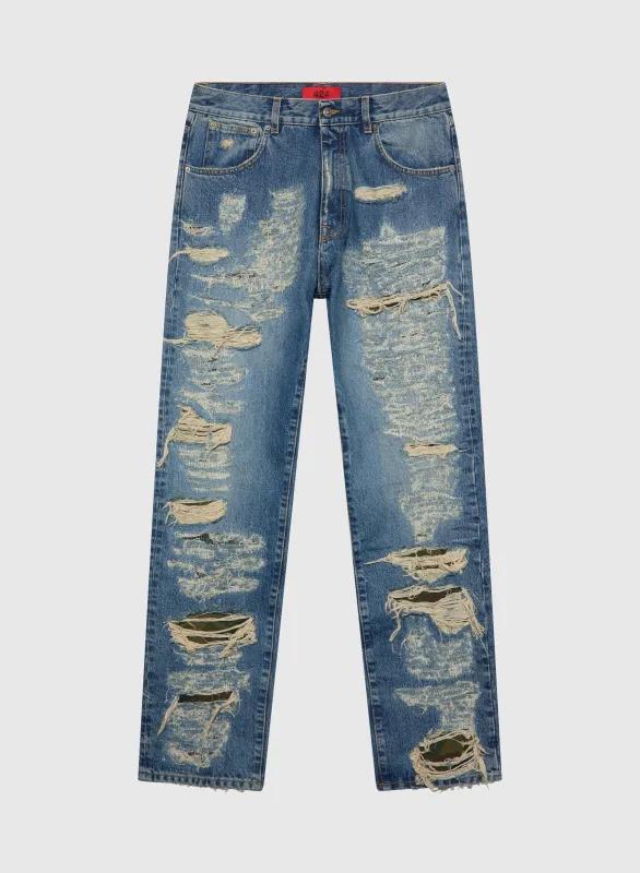COLLECTION LOOSE DENIM FIVEPOCKET BLUE REPAIRED CAMO PATCHES sold by 424