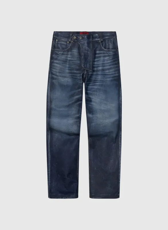 NEW 424 LEATHER FIVEPOCKET RUB OFF LEATHER IN BLUE DENIM TEXTURE sold by 424