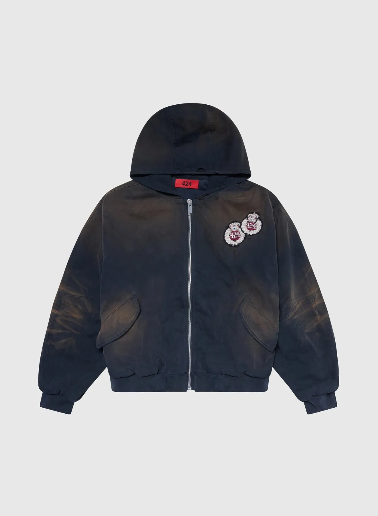 CREST HOODED BOMBER JERSEY IN VINTAGE BLACK sold by 424