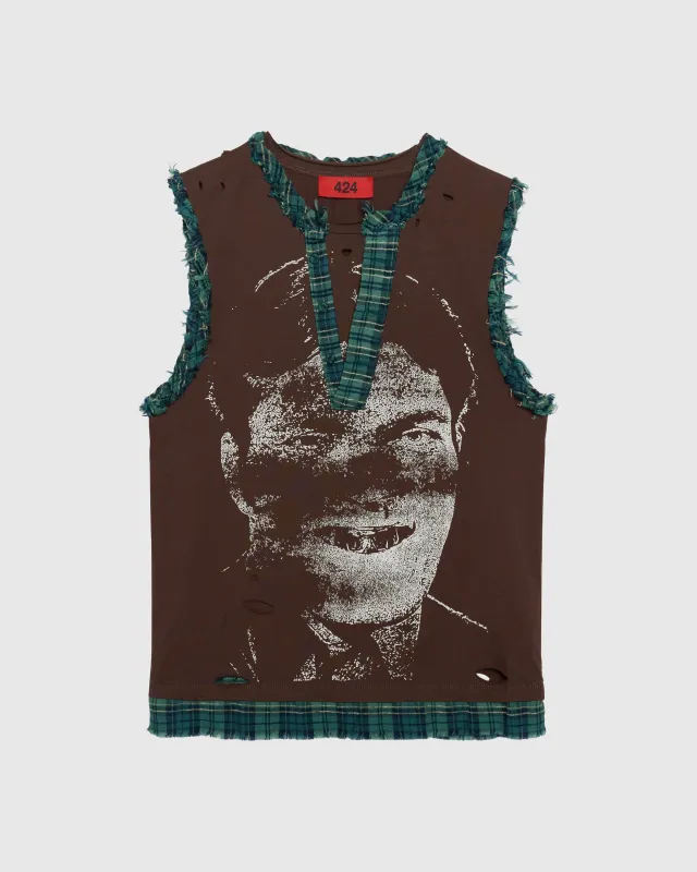 VINTAGE TEE IN WASHED BROWN WITH GREEN FLANNEL made by 424