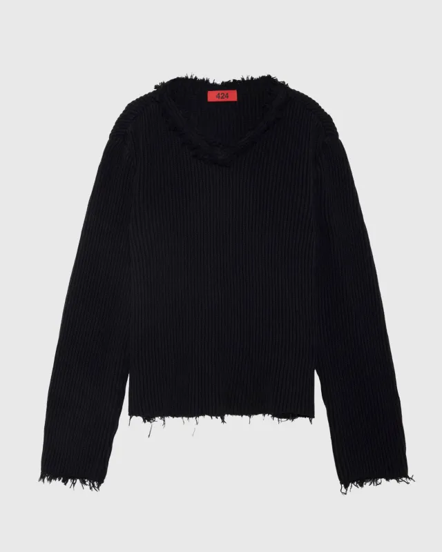 V NECK SWEATER - BLACK made by 424