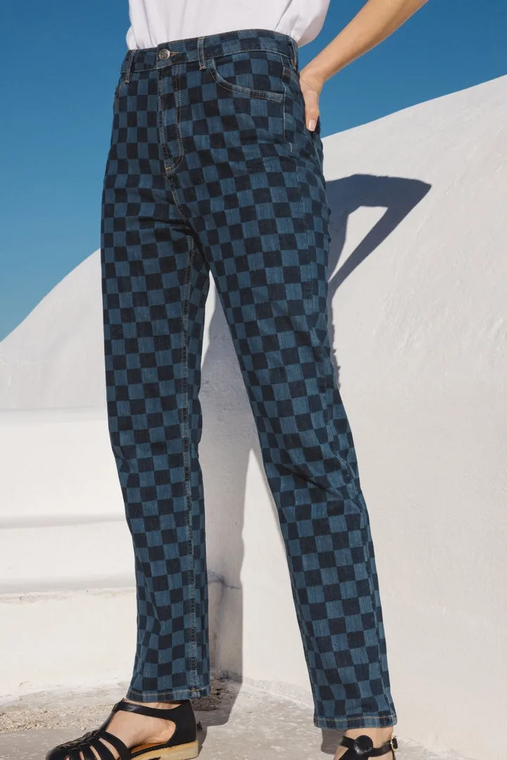 Austin blue checkerboard midi jeans sold by Balzac Paris