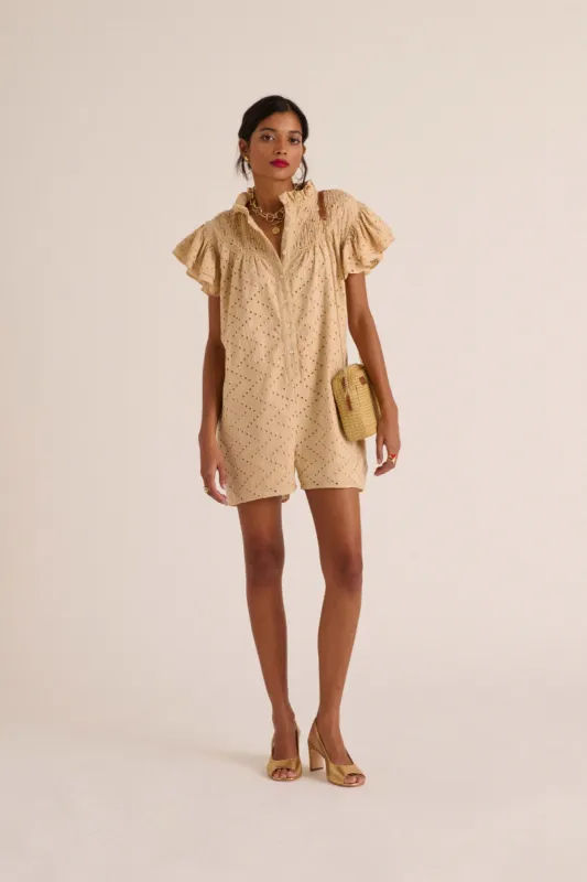 Jade playsuit with beige English embroidery sold by Balzac Paris
