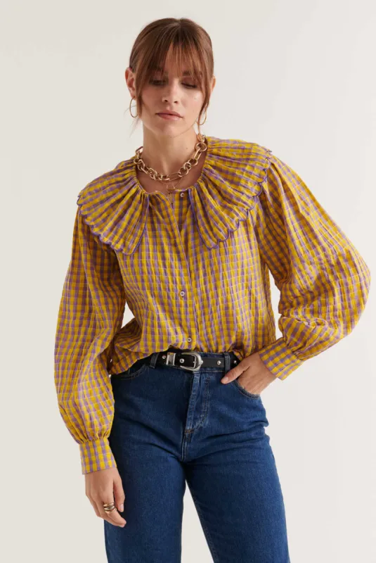 Amy yellow and purple gingham shirt sold by Balzac Paris