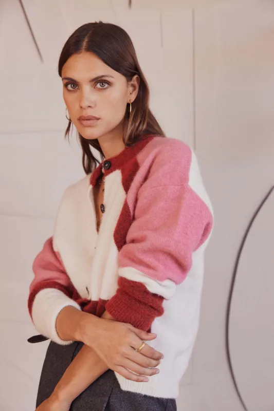 Pink, red and ecru Passion cardigan sold by Balzac Paris