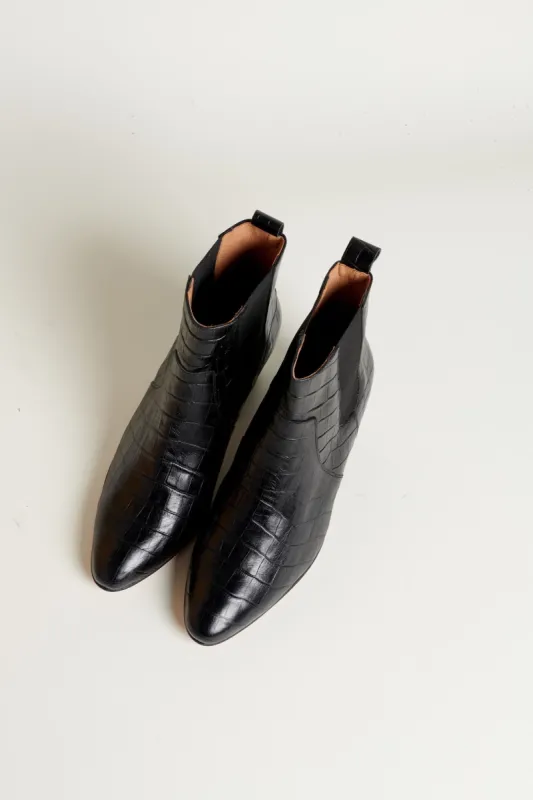 black croc-effect embossed laeticia ankle boots sold by Balzac Paris