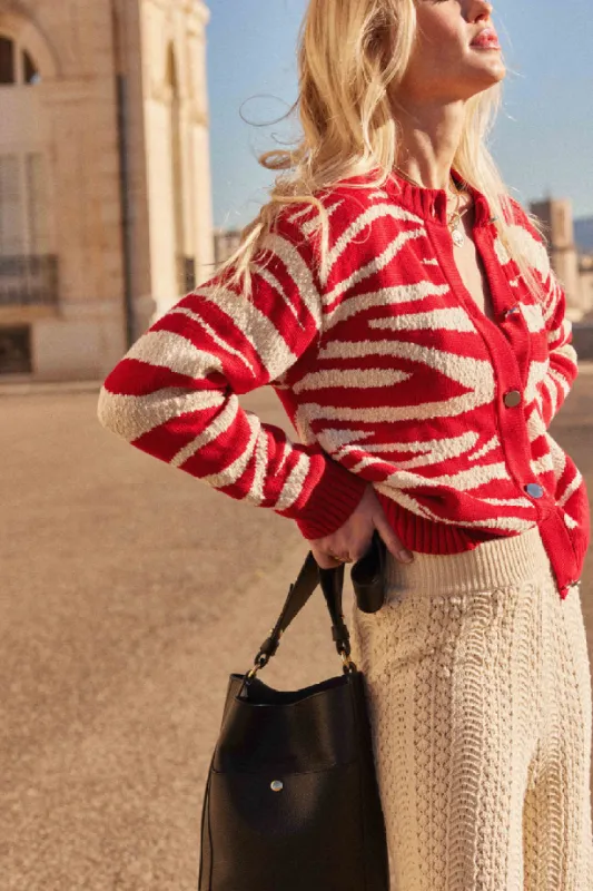 Red and ecru Giboulé cardigan sold by Balzac Paris