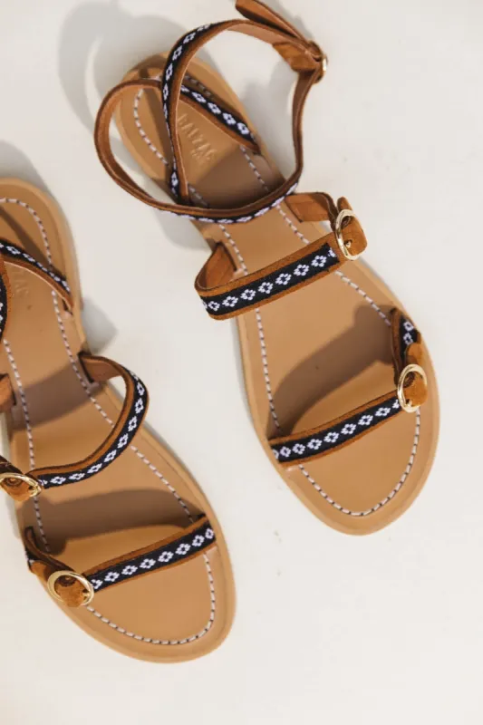 Elia camel sandals with embroidered braid sold by Balzac Paris