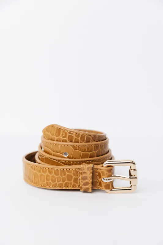Embossed caramel Aimie belt sold by Balzac Paris