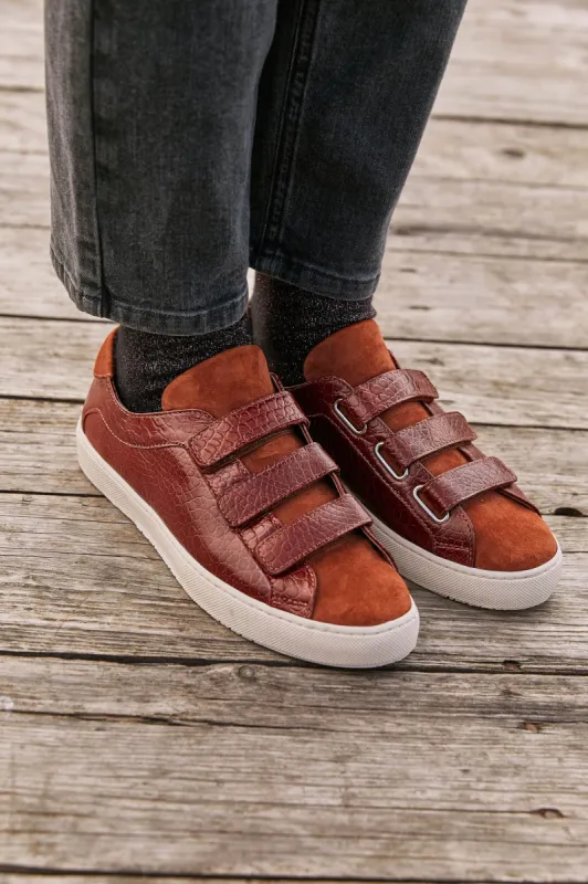 Honoré red and cognac velcro sneakers sold by Balzac Paris