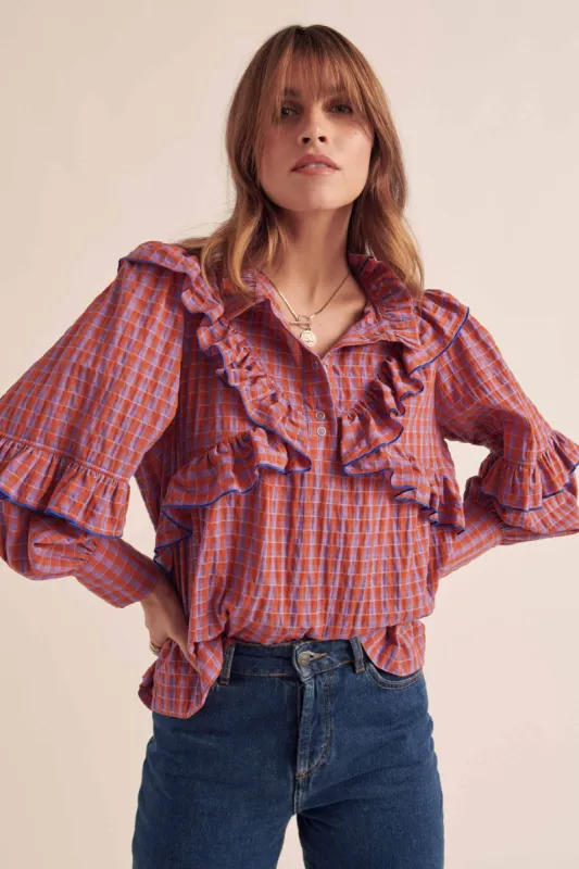Amelia orange and purple gingham blouse sold by Balzac Paris