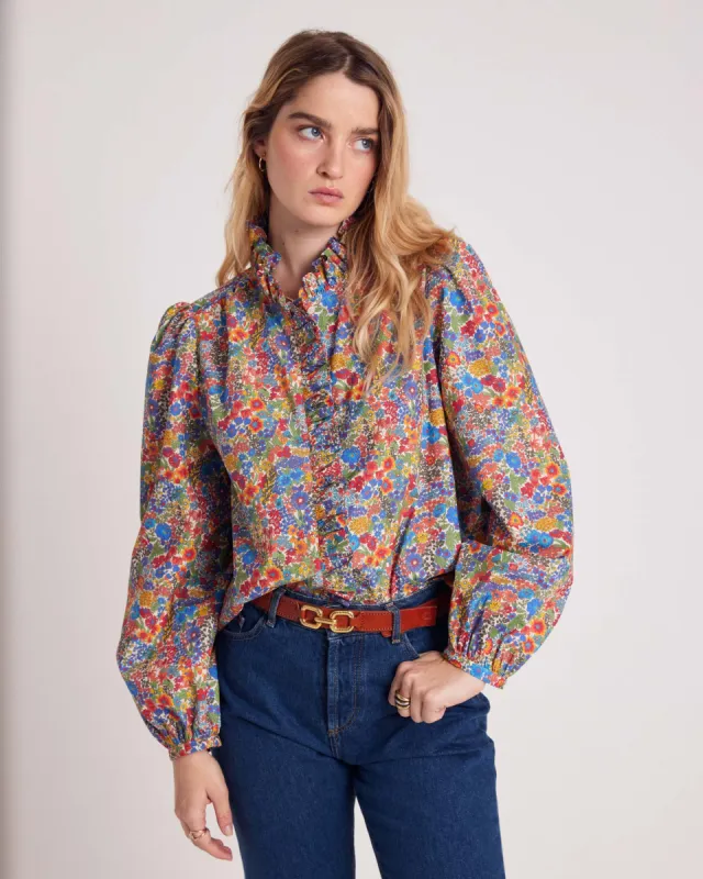 Ocean shirt in blue and yellow Liberty fabric sold by Balzac Paris