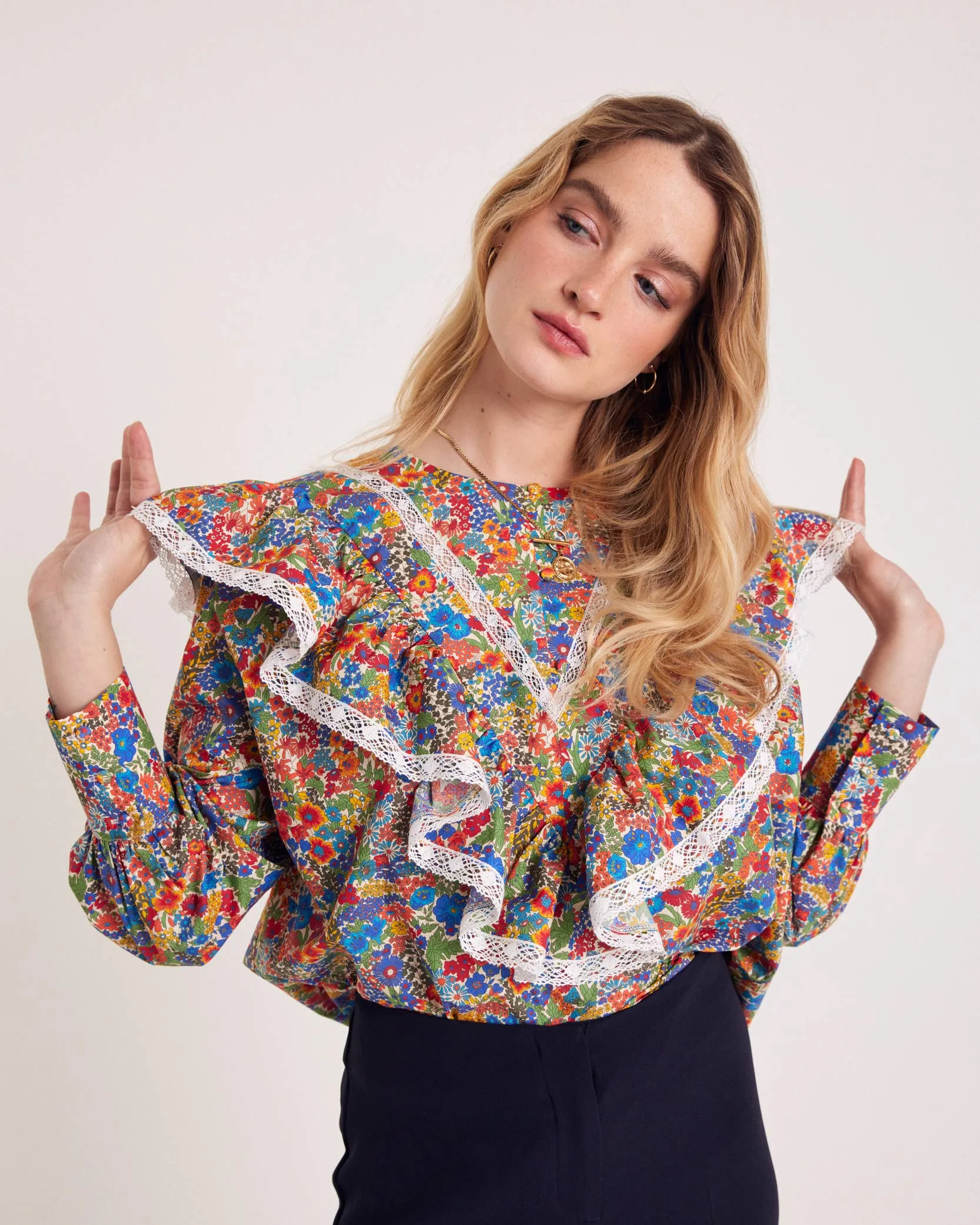 Azélie blouse in blue and yellow Liberty fabric sold by Balzac Paris product image thumbnail 3